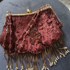 La Regale Velvet Beaded Satchel - Maroon and Gold